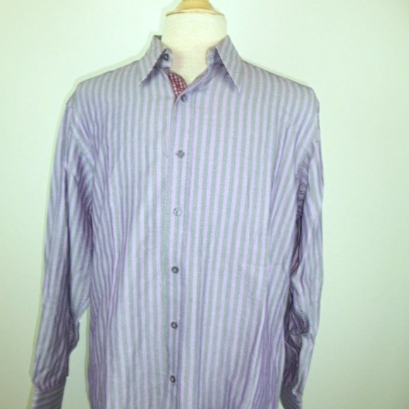 ROBERT GRAHAM SHIRT Purple black stripe contrast cuff cotton L - Picture 6 of 10
